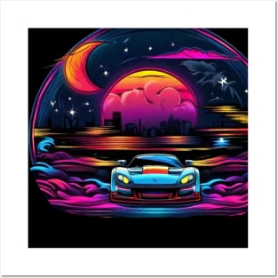 Fast Car with Skyline and Moon Posters and Art